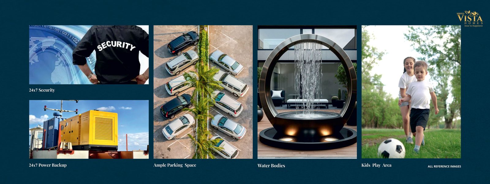 Security, parking, water bodies, kids play area